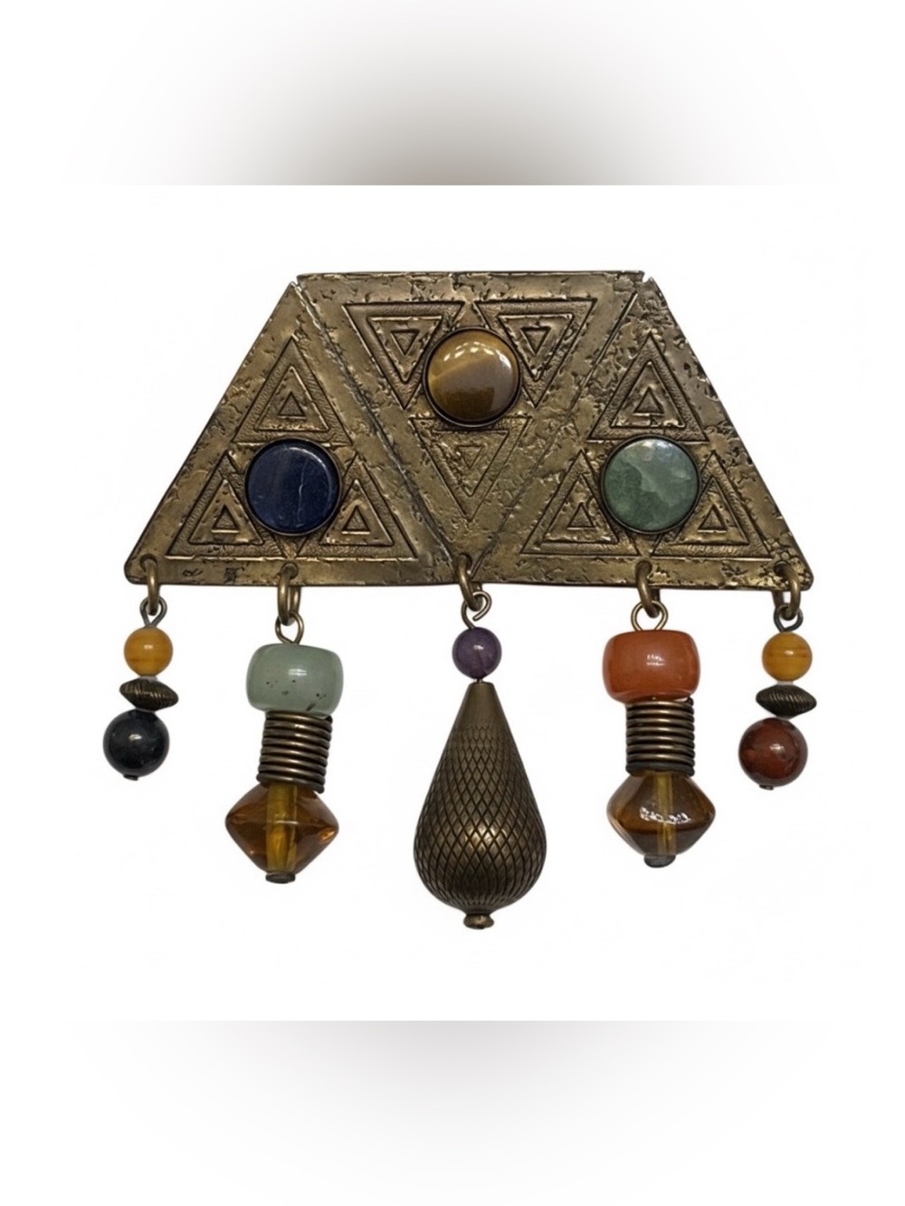 Bohemian Multi-Stone Dangle Triangle Brooch